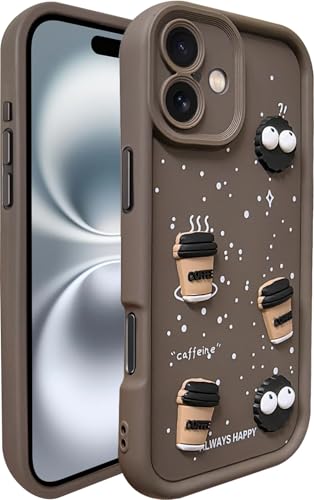Image of SHINESTAR Back Cover for iPhone 16 Plus - 3D Cartoon Coffee & Eyes Design | Soft Silicone Shockproof Case with Full Camera Protection | Cute & Playful Phone Cover - Brown