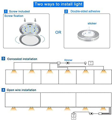 Led Dimmable Puck Lights,Set of 6 White Under Cabinet Lighting Kit w/ Rotary Dimmer Switch , Total of 12W, LED Light for Bookcase, Shelf, Closet, Kitchen (6 PACK, White) by Cefrank - Image 5