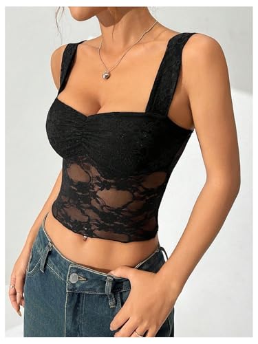 SOLY HUX Women's Y2k Lace Tank Top Sweetheart Neck Sleeveless Ruched Sheer Going Out Crop Tops3