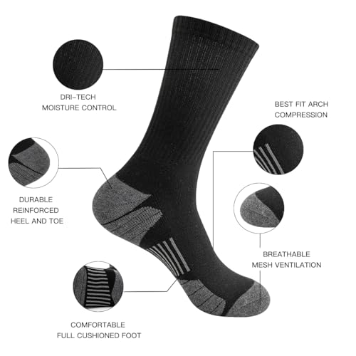 JOYNÉE 8 Pairs Mens Crew Socks Cushioned Moisture Wicking Athletic Socks Work Breathable Socks for Men,Black,Sock Size:10-132