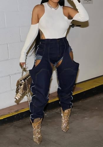 Women's Patchwork Cut Out Jeans Y2K Trendy High Waist Straight Leg Stretchy Ripped Denim Pants Streetwear4