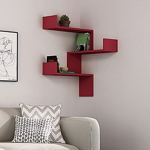 DOMESTIC POINT Engineered Wood Home Decor Wall Shelf/Corner Hanging Rack for Living & Bedroom/Zig-Zag Stylish Storage Shelves (Maroon)