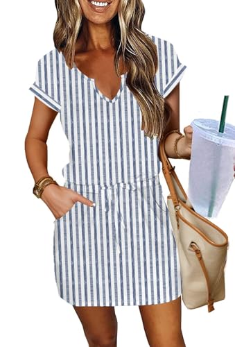 Image of SAUKOLE Women Summer T Shirt Dress Casual Short Sleeve V Neck Dress with Pockets Drawstring Waist Short Dresses