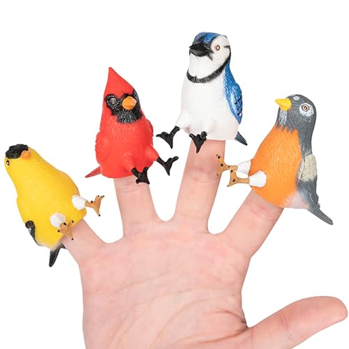 Accoutrements Whimsical Bird Feeder Social Set: Cardinal, Goldfinch, Robin, and Gossiping Blue Jay Finger Puppets (4-Pack), Red, Blue, Yellow, 13072