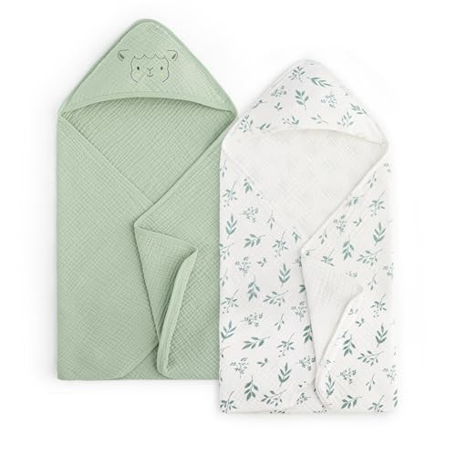 Image of PHF 100% Muslin Cotton Baby Hooded Towels, 2 Pack Bath Towel with Hood for Newborn, Infant, Toddler, Ultra Soft and Absorbent Baby Bath Essentials, Shower Gifts for Boys Girls, 32x32Inch, Leaf