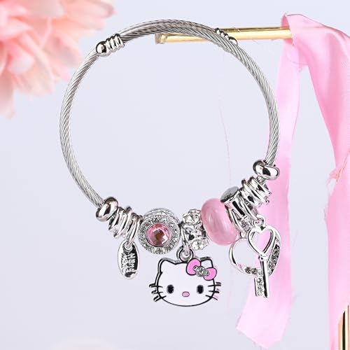 GAUEIOUR Kitty Girl Bracelet,Adjustable Cat Style Stainless Steel Bracelet, Cute Girl Friendship Bracelet, Fashionable Student Girl Bracelet, Exquisite Jewelry Gift (Pink)