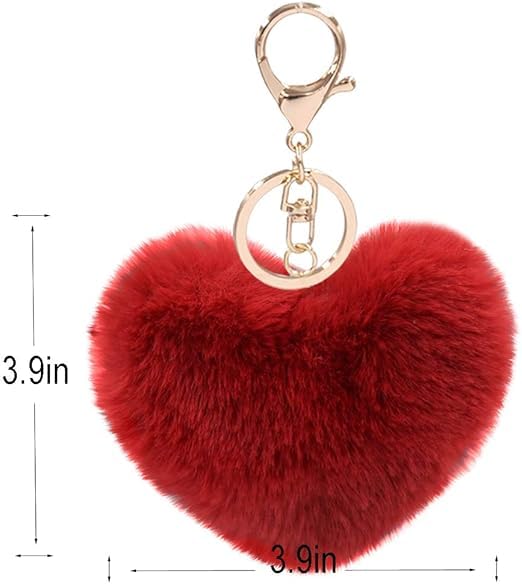 Love Heart Faux Fur Pom Pom Key Chains Bag Accessory Fluffy Puffball Keyring Backpack Charms for Women Girls2