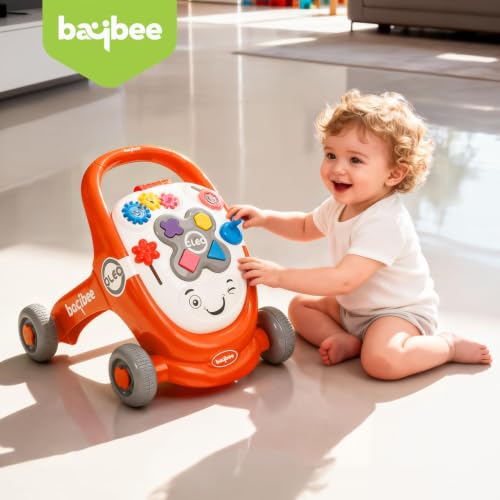 Image of Baybee Oleo Baby Walker for 6-18 Months | Activity Push Walker with Music & LED Lights | Stable Wheels, Easy Grip Handle | Educational Walker for Boys & Girls 0-2 Years (Orange)