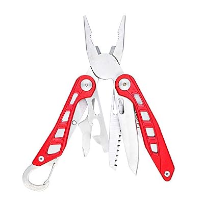 Amazon Basics 8-in-1 Stainless Steel Multitool with Safety Lock and Nylon Sheath, Red