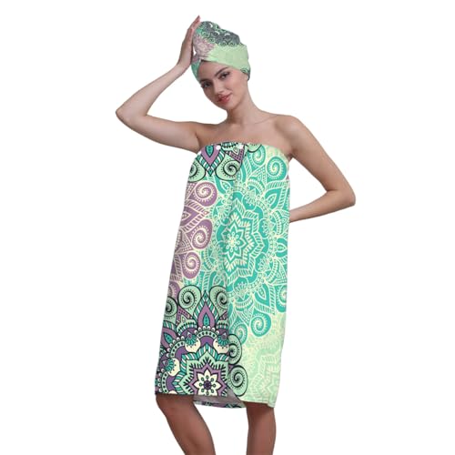 Surwin Falda Escocesa para Sauna Mujer con Toalla Pelo, Albornoz Ducha Mujer con Toalla Pelo Microfibra Suave y Absorbente Falda de Baño Usable para Sauna SPA Ducha (Mandala 4)