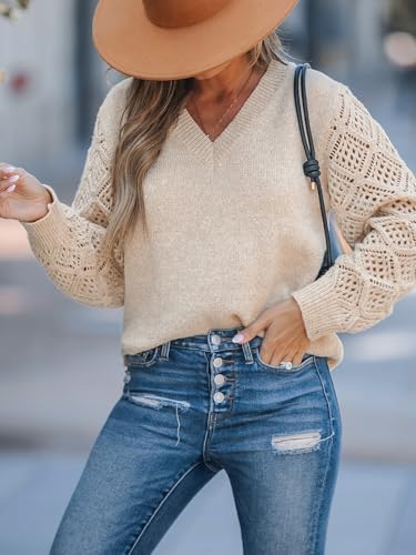 Image of CUPSHE Womens Sweaters V Neck Long Sleeve Lightweight Soft Crochet Casual Pullover Sweater Tops