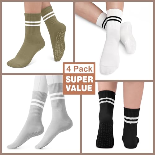 Image of Pilates Socks for Women, Non Slip Grip Socks for Yoga, Barre, Hospital, Grippy Socks Womens Gifts, 4 Pairs