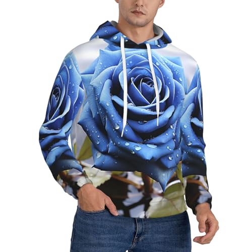 Men's Fleece Pullover Hoodie Long Sleeve Hooded Romantic Blue Rose Sweatshirt Casual Shirts With Pockets