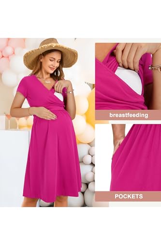 Image of OUGES Maternity Nursing Dress Breastfeeding Short Sleeve V Neck Casual Pregnancy Clothes with Pockets