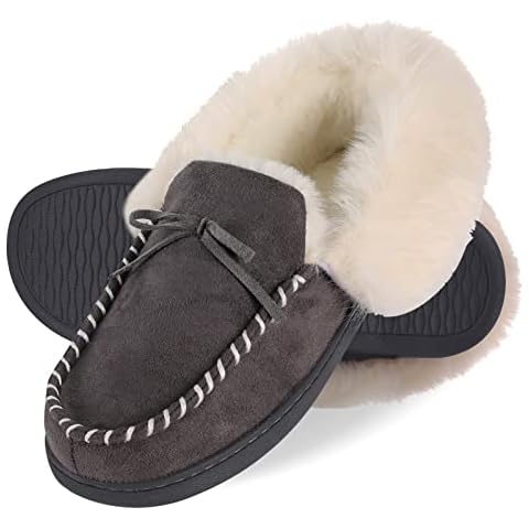 JAWINKI Women's Cosy Memory Foam Moccasin Slippers with Fuzzy Plush FauxFur Collar Ladies' Suede Slip on House Shoes with Indoor Outdoor Anti-Skid Rubber Sole, Gray, Size 5-6 UK Cover