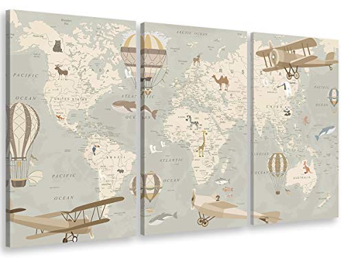 HXA DECO - Decoration Murale, Decoration Chambre Art Mural Tableau Deco, Tableau Triptyque Enfant Carte du Monde Avions et Montgolfières - 90x60 cm