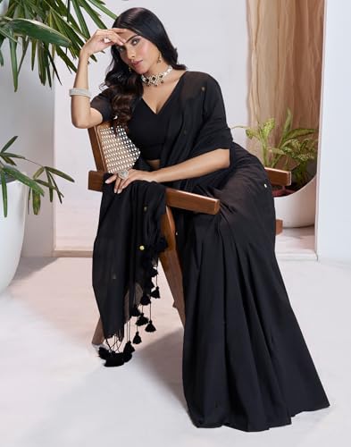 Image of SIRIL Women's Cotton Linen Sequence Saree With Unstitched Blouse Piece