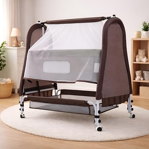 Image of PANDAORIGINALS Jumbo Baby Cradle|Soft Cushion Baby Jhula /Paalna Cute cot with Mosquito Net for 0-9 Months Boys and Girls Super Strong Soft Cushion and Swing Lock Function (Royal Brown)