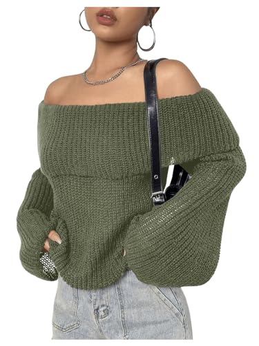 Image of MakeMeChic Women's Y2K Off The Shoulder Sweater Bell Sleeve Tops Fall Pullover Sweaters Lightweight Green Large