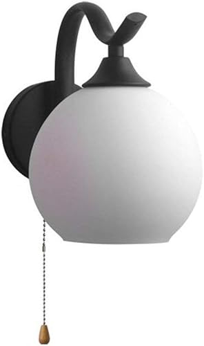 Lámpara de pared con cadena de tracción E27, estilo retro, para dormitorio, mesita de noche, apliques de pared de metal y vidrio esmerilado blanco,