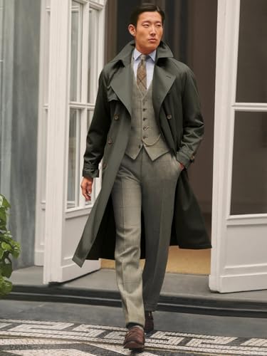 Image of Runcati Mens Trench Coat Double Breasted Notched Lapel Casual Belted Windbreaker Fall Classic Long Jacket Overcoat