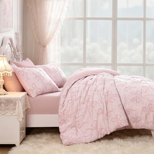 Image of Andency Full Size Cute Comforter Set, 3 Pieces Dark Pink Boho Tufted Bedding Set, 3D Puffy Bow Comforters for All Seasons (1 Comforter, 2 Pillow Shams), 79 inchx90 inch, Dark Pink