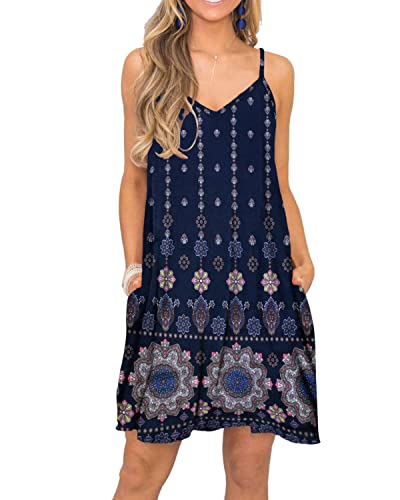 Image of Women's Summer Spaghetti Strap Casual Swing Tank Beach Cover Up Dress with Pockets