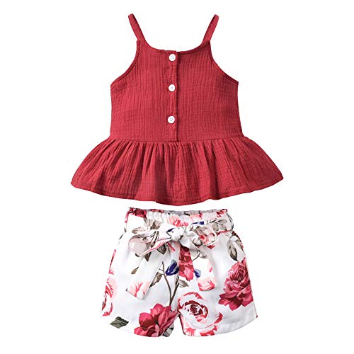 Toddler Baby Girl Summer Shorts Outfit Set Linen Ruffle Spaghetti Strap Tank Top Dress+ Floral Bloomer 2 Picee Clothing(Rose, 12-18Months)