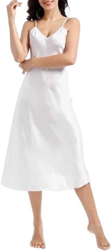 Womens Satin Long Nightdress Spaghetti Strap Loose Fit Sleep Gown Silky Soft Breathable Lounge Sleepwear