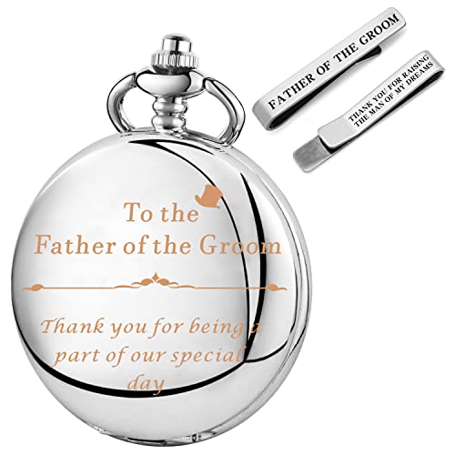 Reloj de bolsillo de boda grabado y juego de pasador de plata fina