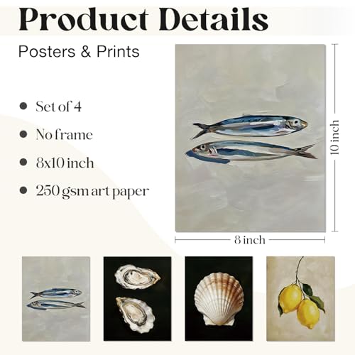 Image of WEFKODO Vintage Beach Shell Sardine Lemon Wall Art Painting Picture Prints, Coastal Room Beach Wall Decor Posters 4Pcs, Beachy Decor for Home Living Room Bathroom Farmhouse, 8x10 Unframed