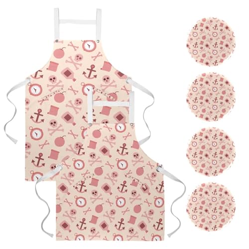 Tablier de cuisine multicolore avec 4 broches et motifs de pirate roses originaux