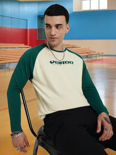 Image of Veirdo Pure Cotton Regular Fit Round Neck Front Chest Typographic Logo Printed Raglan Full Sleeve T-Shirt for Men (Colors: Green, Brown & Maroon)