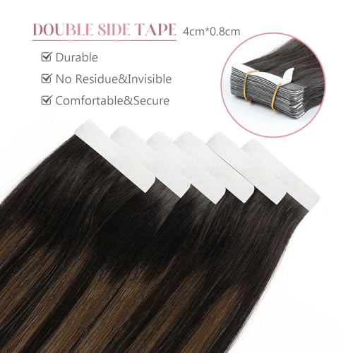 Image of Sixstarhair Brown Tape In Hair Extensions Human Hair Chocolate Brown Highlighted Caramel Blonde Tape In Extensions Brown Balayage Tape Hair Extensions Human Hair 50g 20pcs [P2 /6 /2 20inch]