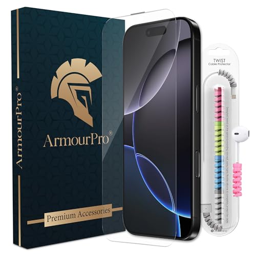 Image of ArmourPro Military-Grade Borderless Tempered Glass for iPhone 16 Pro and iPhone 17 (6.3 Inches) with Edge to Edge Protector Coverage, Cable Protector and Easy Installation Kit | Anti Dust Mesh Filter