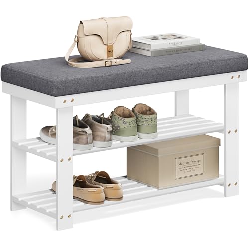 Image of SONGMICS Bamboo Shoe Bench, 3-Tier Shoe Rack Organizer for Entryway, Living Room, Bench Seat Holds Up to 300 lb, 11.9 x 28.3 x 19.2 Inches, Cloud White and Slate Gray ULBS604W01