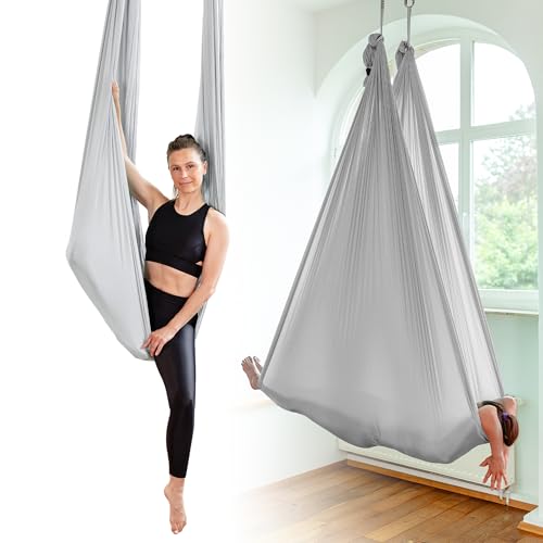 Yosana Hängematte | Komplettset inkl. Befestigung | TÜV geprüft | Nylon Tuch 5m x 2,6m (Silbergrau (1 Set))