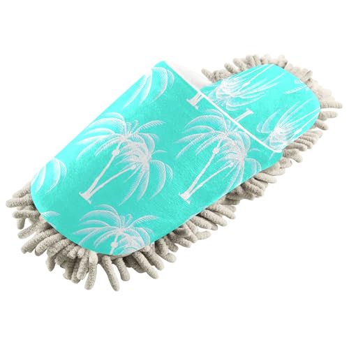 Kigai Palm Trees on Turquoise Mop Slippers for Floor Cleaning, Slippers for Women Men, Microfiber Floor Cleaning, M