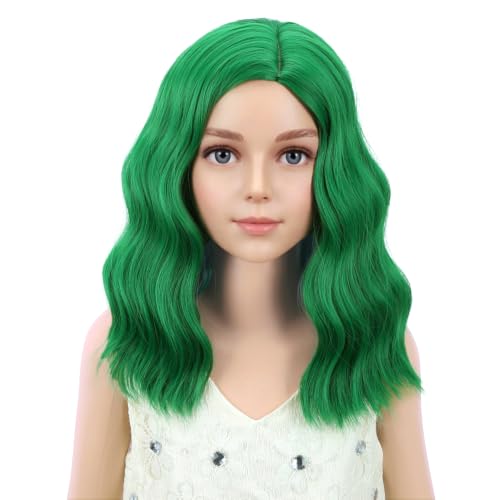 Image of PATTNIUM Kids Child Green Wig Short Curly Wavy Wig for Girls Dark Green Wigs Synthetic Hair Wigs