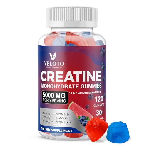 Creatine Monohydrate Gummies 5000mg, 10-in-1 Formula with Taurine, B12, B6 & Beetroot, Muscle Growth, Energy & Focus, Vegan Sugar-Free Pre Workout for Men & Women, 120 Blueberry & Watermelon Gummies