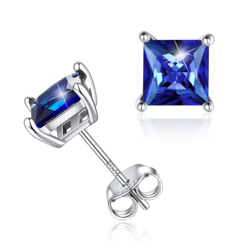 ChicSilver 925 Sterling Silver Earrings Sparkling Heart/Round/Princess Cut Birthstone Earrings for Women Birthday Jewelry with Gift Box A.September(Sapphire)-Princess Cut
