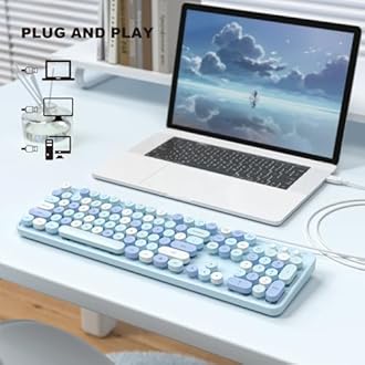 MOFII Computer Keyboards Wired, Plug Play USB Full Size Typewriter Keyboard, Cute Colorful Aesthetic Keyboard with Foldable Stands for Windows PC Laptop (Blue Colorful)