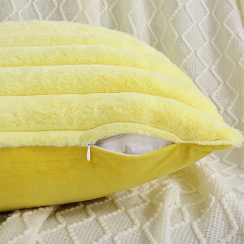 FUTEI Yellow Striped Decorative Throw Pillow Covers 16x16 Inch Set of 2,Square Winter Decorations Couch Pillow Case,Soft Cozy Faux Rabbit Fur & Velvet Back,Modern Home Decor for Bed