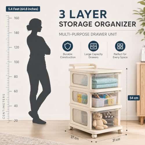 Image of Heavy Duty Plastic Storage Drawer with Wheels | Modular Cabinet for Bedroom, Office, Home or Classroom| Chest of Drawers Organiser for Cosmetics, Kitchen items, Toys (White Transparent, 3)