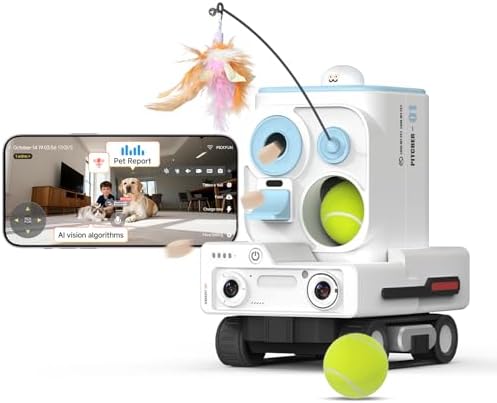 Photo of a dog interacting with an AI pet camera robot in a sunlit living room