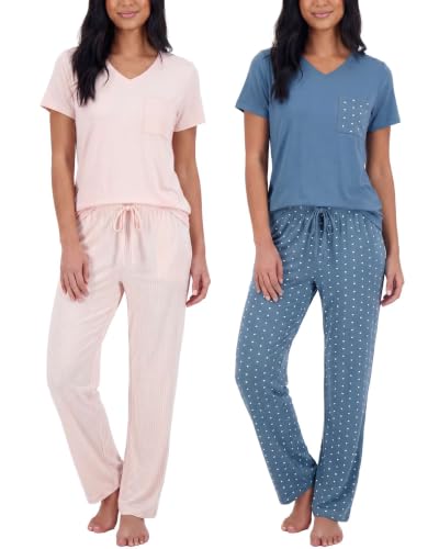 Image of Real Essentials 2 Pack: Women's Comfy Pajama Sets - Short Sleeve Ladies Loungewear Sleepwear PJs (Available In Plus)