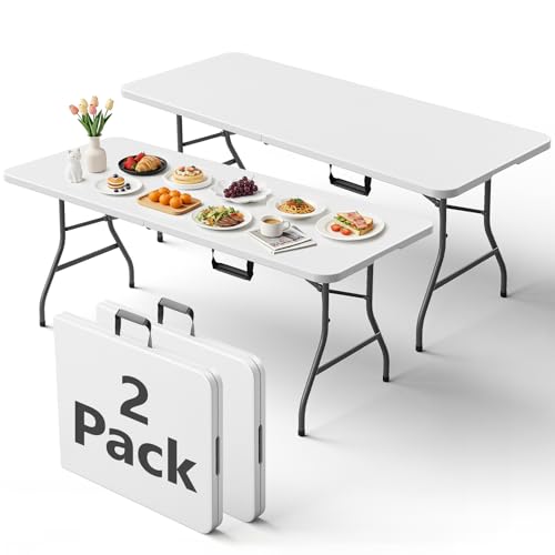 Folding Table 2 Pack, 6FT Folding Table Portable with Built-in Handle, Heavy Duty Plastic Table with Steel Legs Supports to 300lbs, Suitable for Party, Camping, Events Indoor&Outdoor Use, White