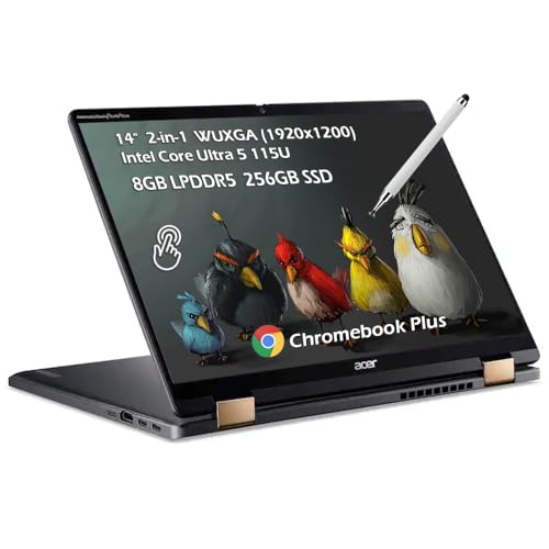 Image of Acer Chromebook Plus Spin 714 2-in-1 Google AI Laptop | 14 inch Full HD IPS Touch | Intel Core Ultra 5 115U | 8GB LPDDR5 256GB SSD | Wi-Fi6E Backlit KB Chrome OS Steel Gray | Stylus Pen, W /GaLiMu