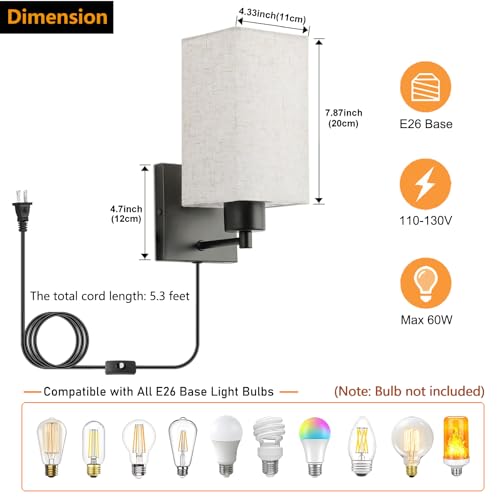 Image of KOONTING Plug in Wall Sconce Set of 2, Rustic Wall Lamp with Plug-in Cord and On /Off Toggle Switch, Linen Fabric Shade Wall Light Fixture for Headboard Bedroom Living Room Hallway (Square-Linen)