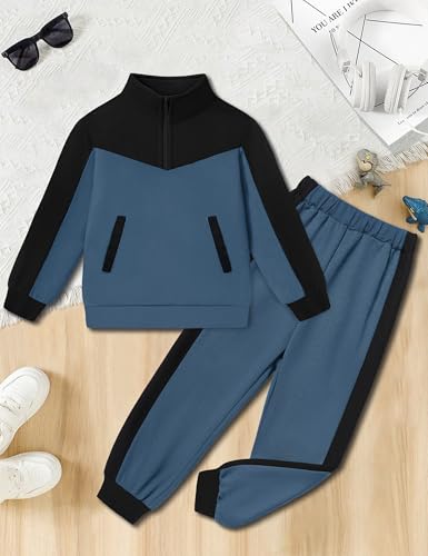 Boys Clothes Solid Color Block Kid Boys' Clothing Sets Stand Collar Half-Zip Sweatsuit 2pcs Outfits with Pocket 6-12y